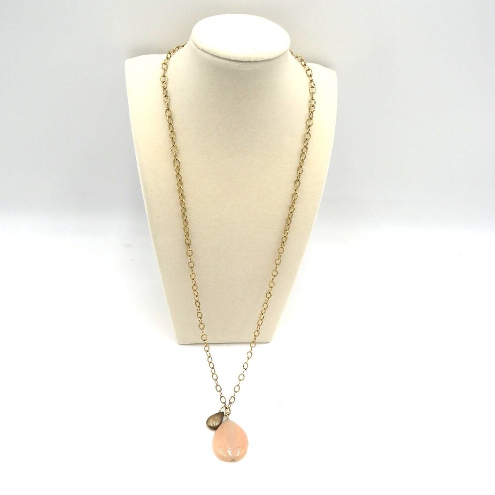 Rose Quartz Necklace 24 " Gold Tone Chain Teardrop Pendant Small Bronze Charm‎